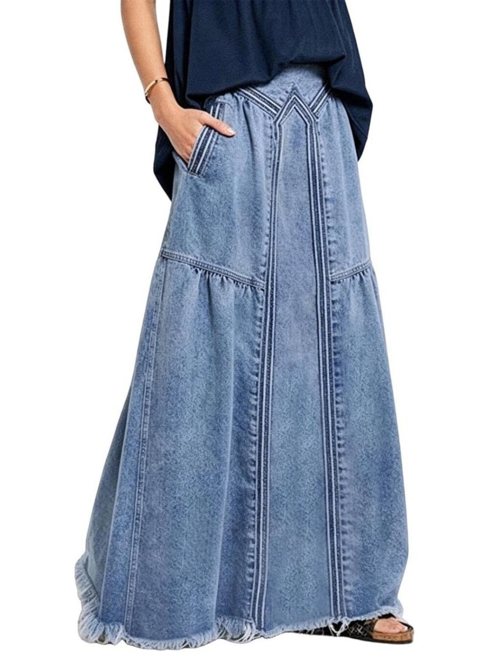 High Waist A-Line Frayed Maxi Denim Skirt with Pockets for Women, Stylish